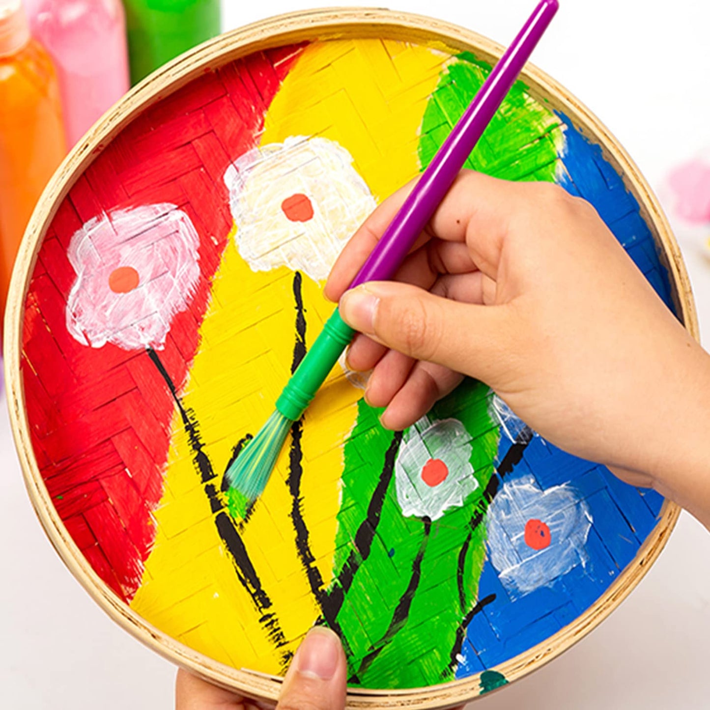 Yarlung Set of 20 Spill-Proof Paint Cups with Paint Brushes and Lids, Kids Painting Tools Hog Bristle Brushes for Watercolor, Te