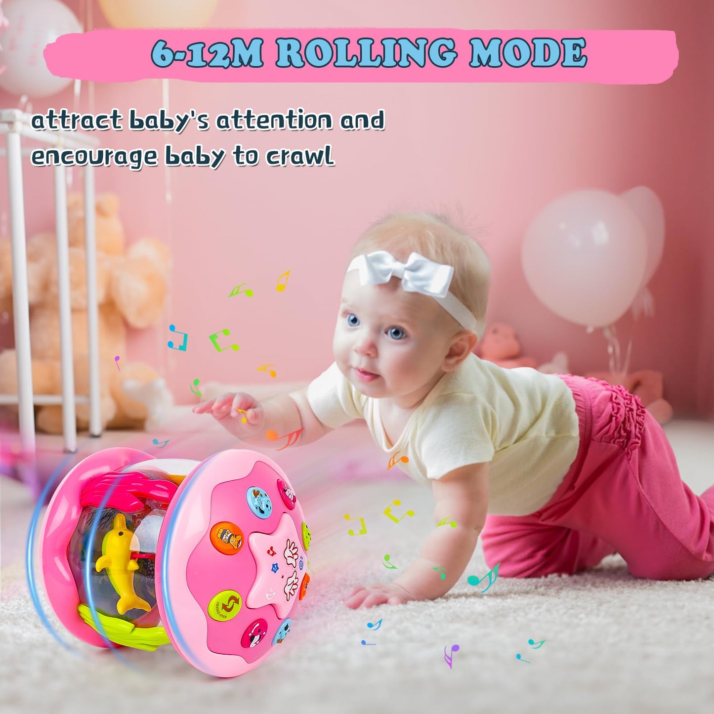 M Sanmersen Baby Girl Toys 6-12 Months - Babies Ocean Rotating Projector Light Up Musical Toys For 12-18 Months Crawling Learning Tummy Time 1 2 Years Old Infant Boys Girls Gifts - Pink
