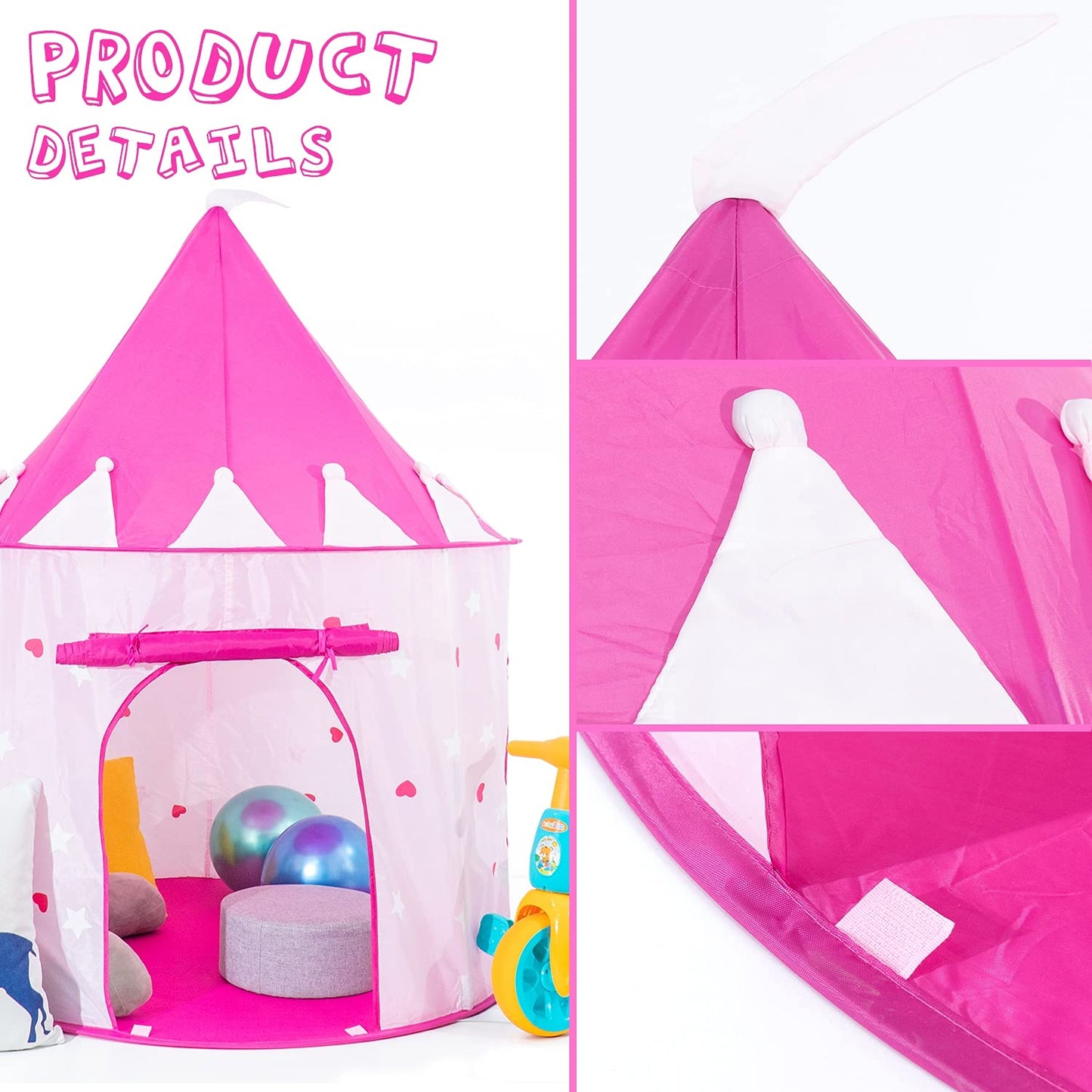 Princess Castle Play Tent With Glow In The Dark Stars, Foldable Pink Pop Up Kids Tent Playhouse Toys, For Indoor Outdoor Toddler