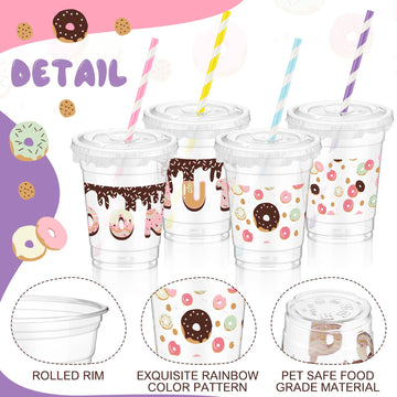 Foldtier 50 Pcs Donut Birthday Party Plastic Cup 12 Oz Cold Drinks Cups Doughnut Thick Clear Cup Disposable Cups With Lids For I