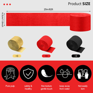 Kisston 10 Rolls Crepe Paper Streamers 820 Ft, Red Gold Black Crepe Paper Decorations for Wedding Ceremony Birthday Party