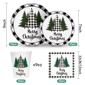 Whaline 100Pcs Christmas Tableware Set Buffalo Plaid Xmas Tree Disposable Dinnerware Set 50Pcs Paper Plates 25Pcs Napkin 25Pcs C