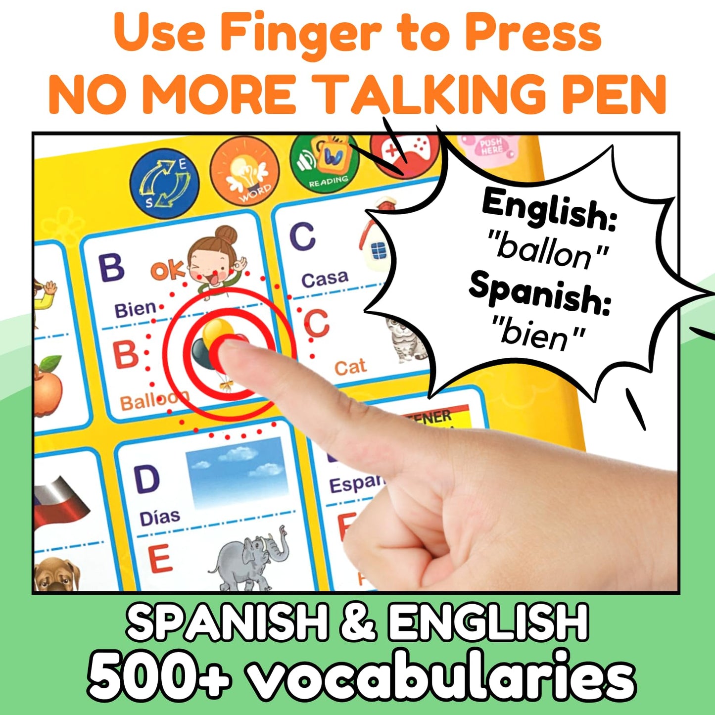 Zeenkind Spanish & English Talking Learning Book For Kids 2 3 4 5 6 Years Old, Interactive Audio Sound Books, Toddler Educational Toy To Learn Spanish, Electronic Bilingual Toys, Juegos Para Niños