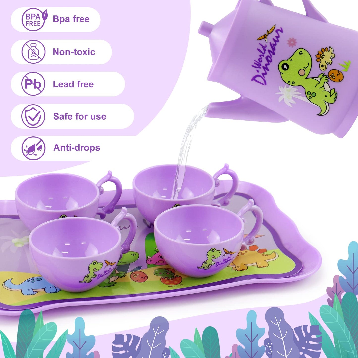 Motiloo 41 Pcs Dinosaurs Kids Tea Party Set with Carrying Case & Sweet Treats Playset - Pretend Toy Tin Tea Set for Little Girls