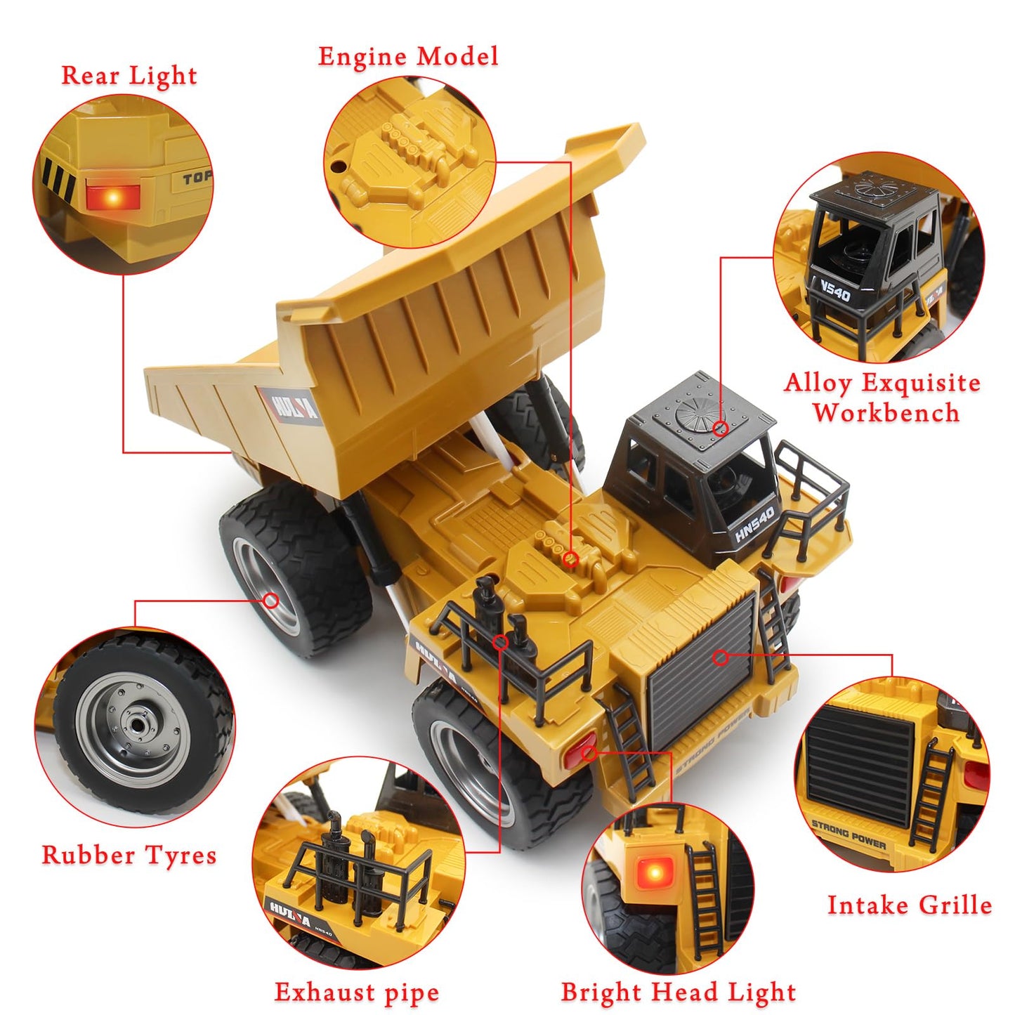 fisca Remote Control Dump Truck 2.4Ghz RC Truck 9 Channel 4WD Mine Construction Vehicle Toy with LED Light and Metal Cab for Kid