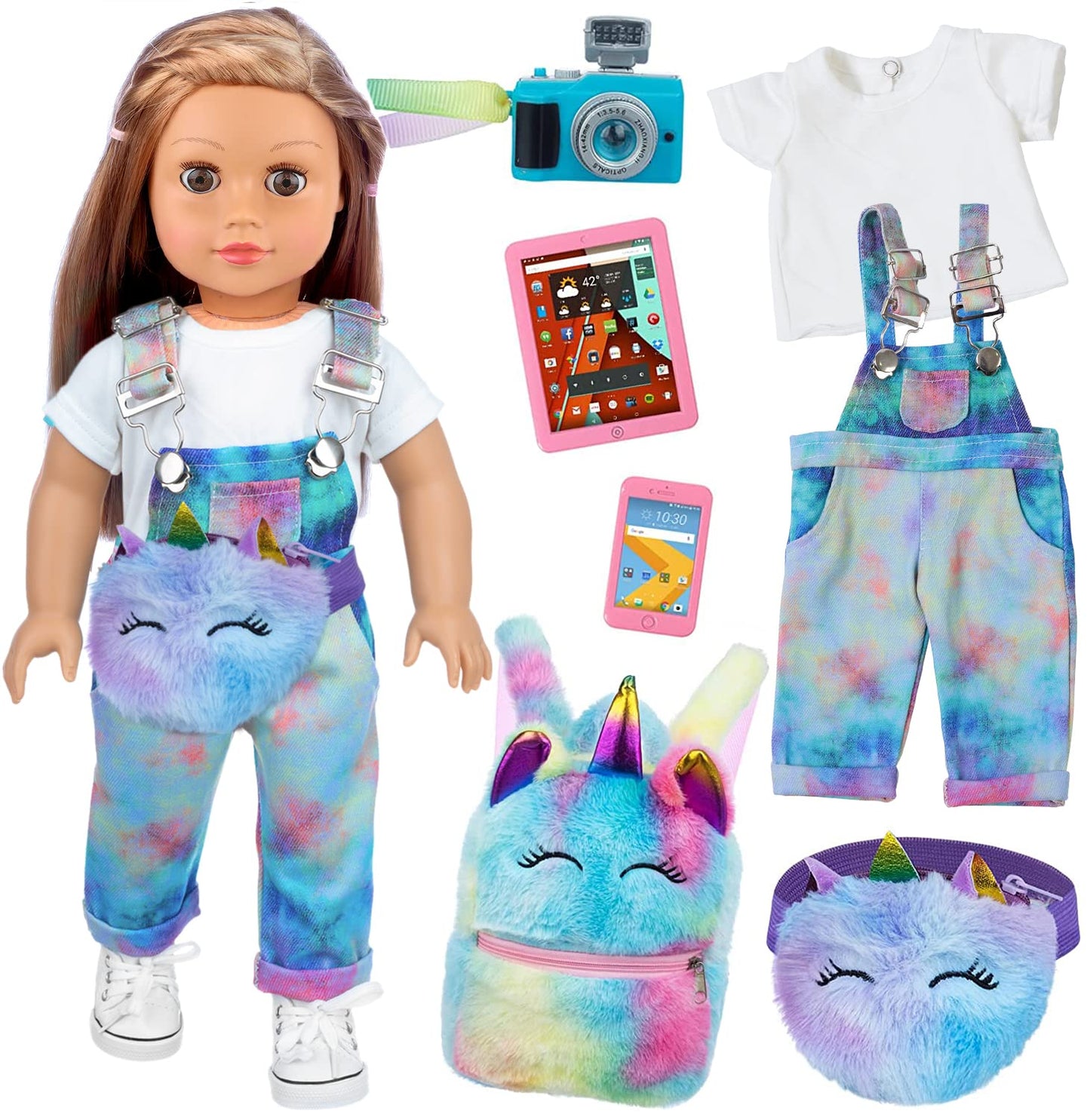 Zita Element 7 Pcs American 18 Inch Doll Clothes And Accessories - 18 Inch Doll Clothes Set With Doll Backpack,Waist Bag,Cell Phone,Tablet Phone,Camera (No Doll)