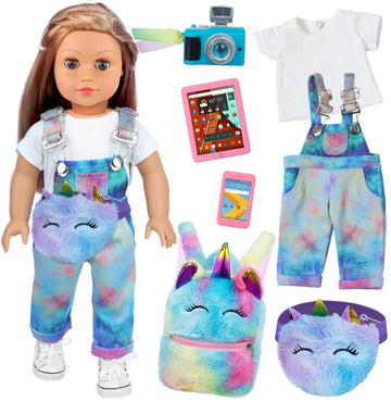 Zita Element 7 Pcs American 18 Inch Doll Clothes And Accessories - 18 Inch Doll Clothes Set With Doll Backpack,Waist Bag,Cell Phone,Tablet Phone,Camera (No Doll)