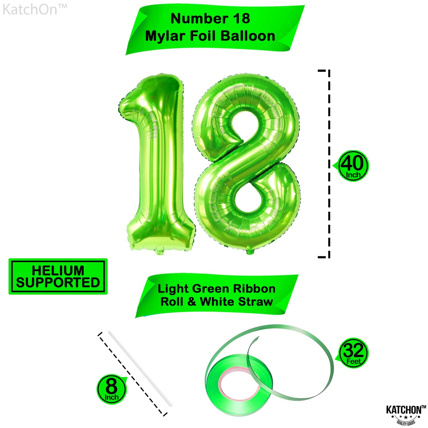 Katchon, Light Green Neon Number 18 Balloon - 40 Inch | 18 Balloon Numbers, 18Th Birthday Decorations For Boys | 18 Number Lime Green Balloon | Lime Green Number 18 Foil Balloons | 18 Number Balloons