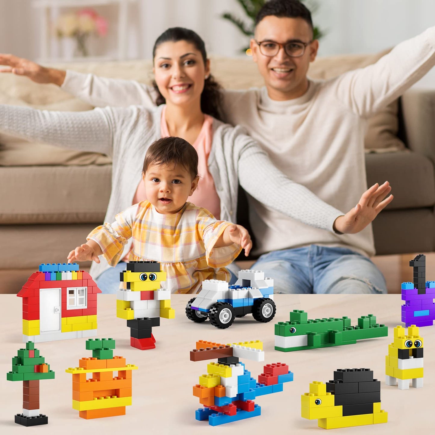 Building Bricks 1020 Pieces Set, 1000 Basic Building Blocks In 17 Fun Shapes Includes Wheels, Door, Window, Bulk Block With Storage Box, Handle And Base Plate, Compatible Block Construction Toys