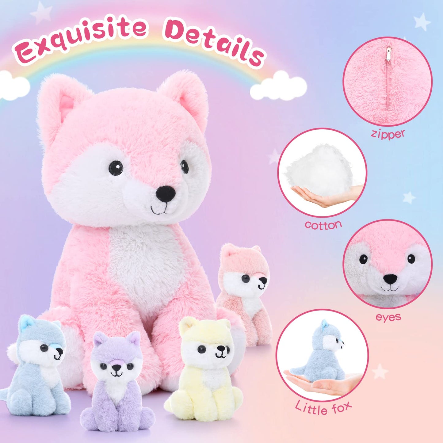 Muiteiur 5 Piece Fox Stuffed Animal Set, Soft Mommy Fox Plush Toy With 4 Cute Babies, Stuffed Animal For Girls And Boys, Gift For Kids, Pink 20Inch