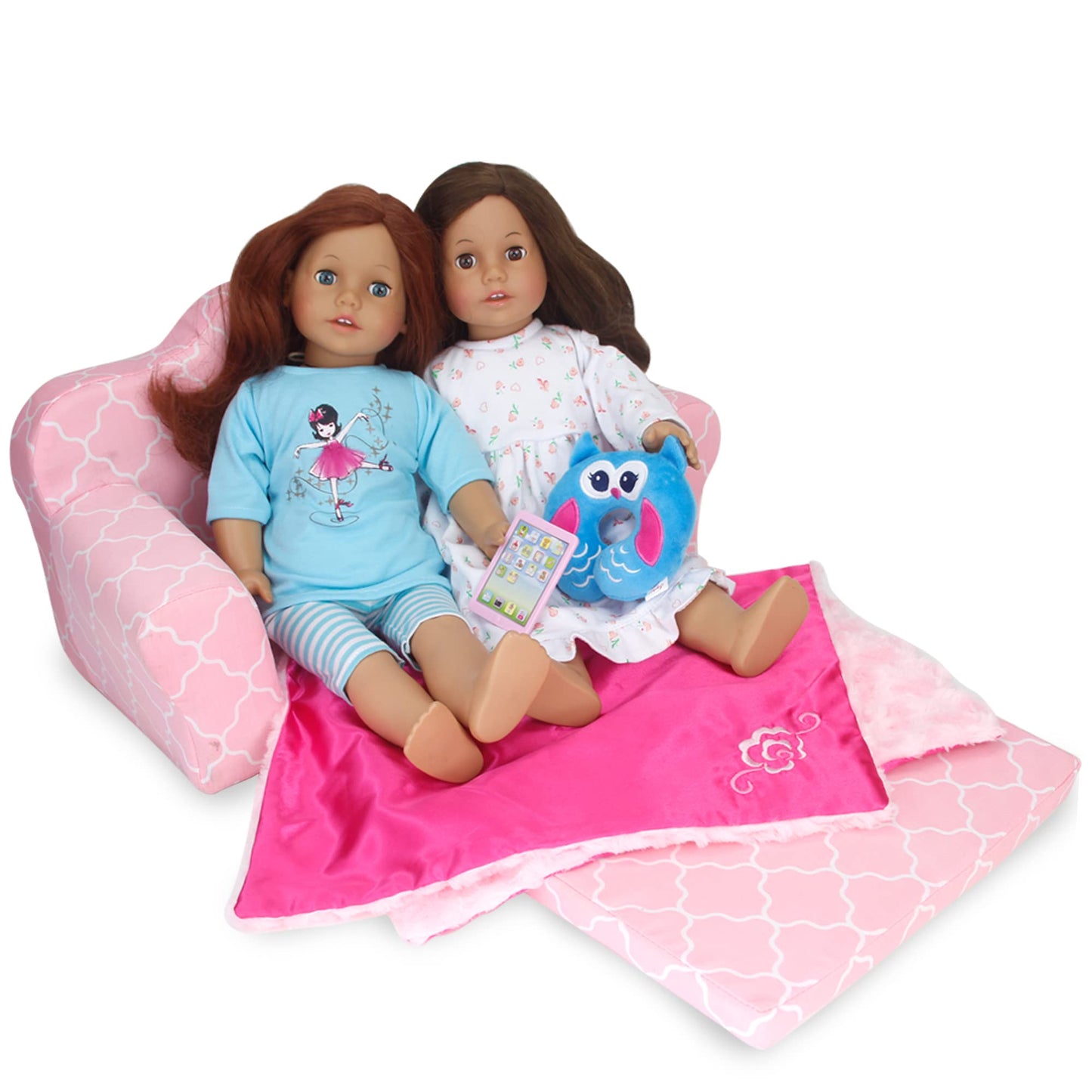 Sophia'S 2-In-1 Plush Lightweight Moroccan Print Pull-Out Sofa Couch Converts To A Bed, Fits Two 18 Inch Dolls, Light Pink