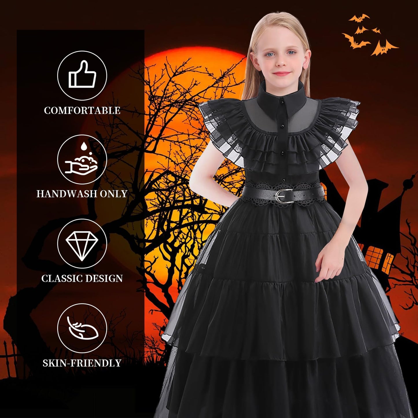 Cvnhmg Wednesday Costume Dress Kids Girls Black Cosplay Halloween Party Dress Up Gothic Costume With Accessories