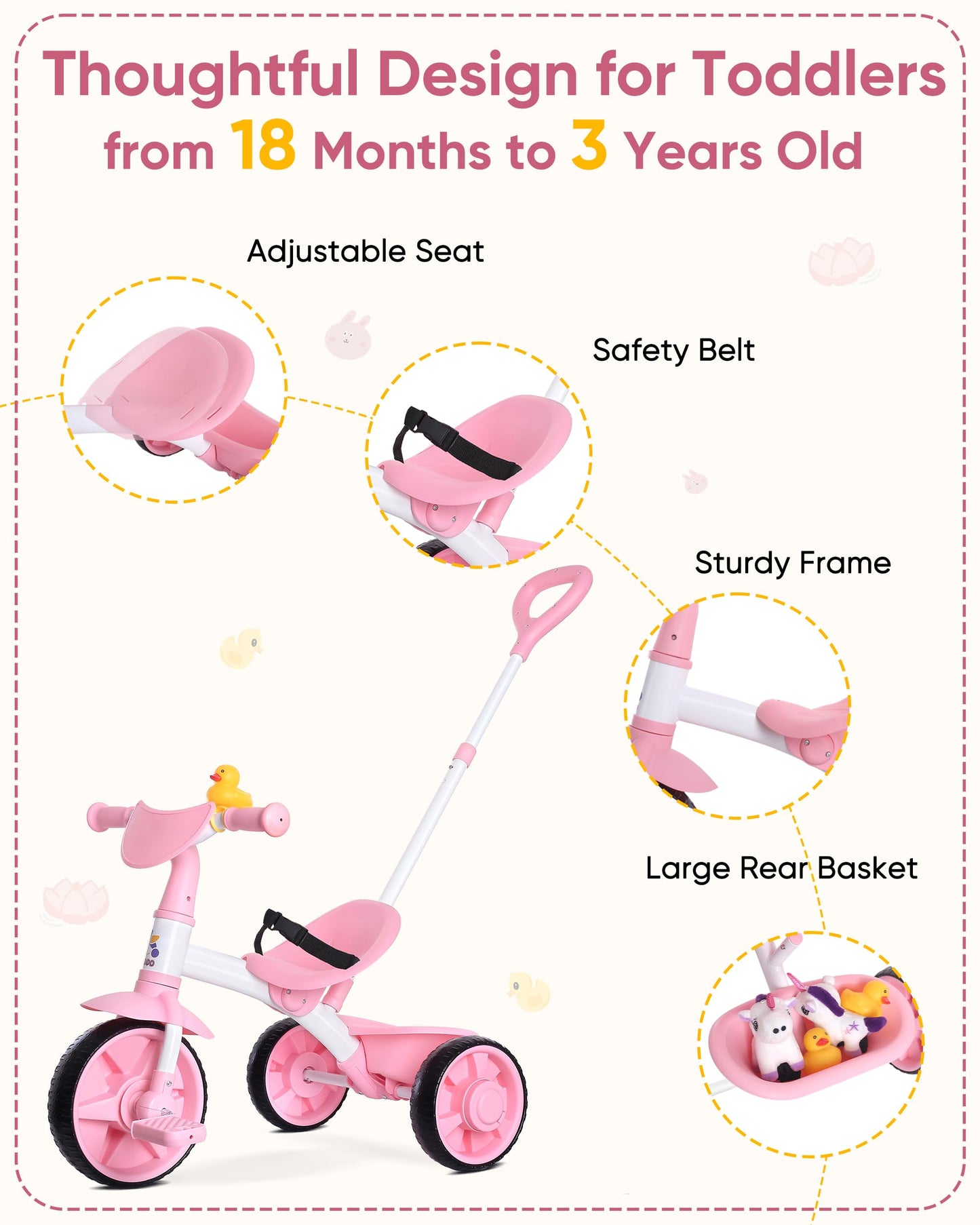KRIDDO Kids Tricycle 2 in 1 with Push Handle, EVA Wheels, Pink, for Toddlers 18 Months to 3 Years, Small, Carbon Steel