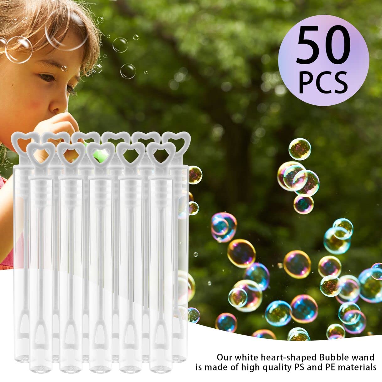 Faxco 50 Pcs Bubble Wand, White Heart Bubble Stick Tube, Wedding Bubbles Toy, Party Favors For Anniversaries, Valentine'S Day, Festival Gift(No Bubble Liquid)