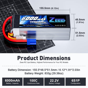 Zeee 6S Lipo Battery 6000mAh 22.2V 100C with EC5 Connector Soft Pack RC Battery for RC Car Truck RC Airplane Helicopter Quadcopt