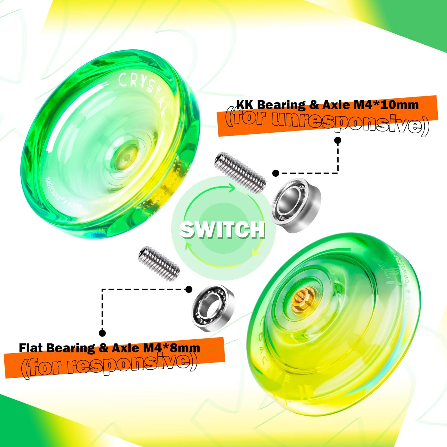 Professional Responsive Yoyo For Kids, K2 Crystal Dual Purpose Yoyo Replacement Unresponsive Yo-Yo Bearing For Intermediate, Plastic Yoyo With 12 Yoyo Strings, Yoyo Storage Bag (Green Yellow Gradient)