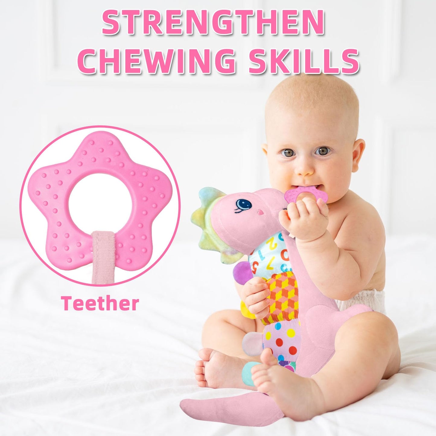 Ryotagift Baby Dino Musical Stuffed Animal - Pink Infant Tummy Time Toy with Crinkle Sound, Teether & Rattles for 0-12 Months