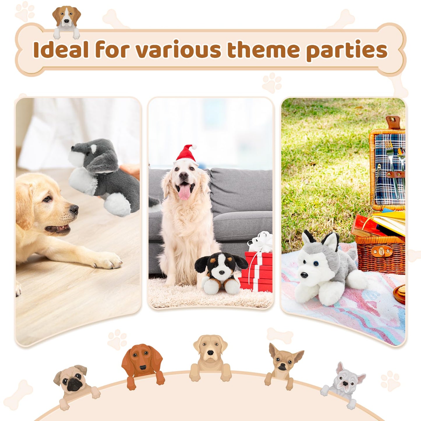 Tezituor 6Pcs Bulk Dog Stuffed Animals, Fluffy Assorted Stuffed Puppy Plush Toys For Kids, 11' Schnauzer,Husky, Bernese, Golden Retriever, Beagle,Spotted Dog Doll Set For Dog Themed Party Favors Gift