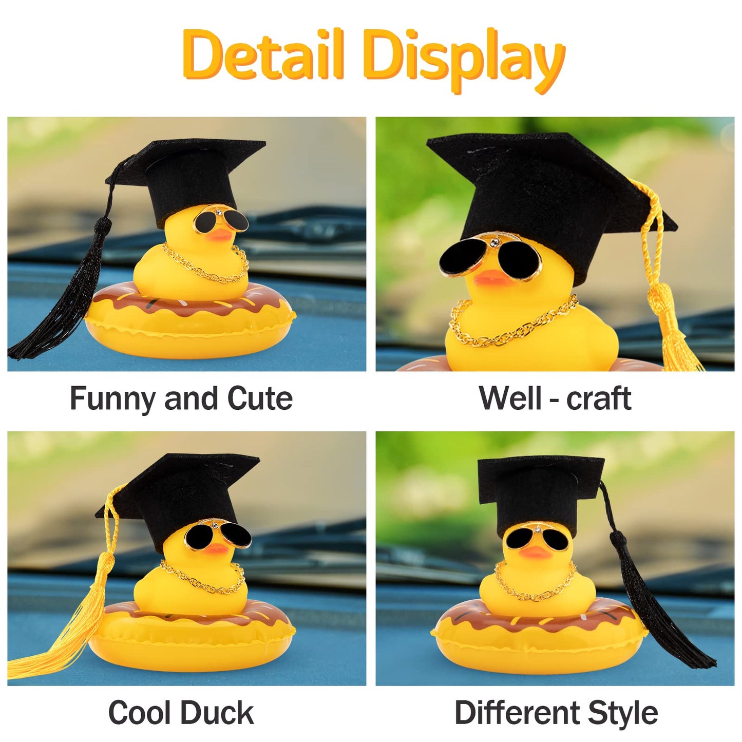 Wonuu Swim Ring Rubber Ducks With Mini Diamond Glasses Hat Necklace For Cars Dashboard Decorations Car Accessories Toy Duck Car