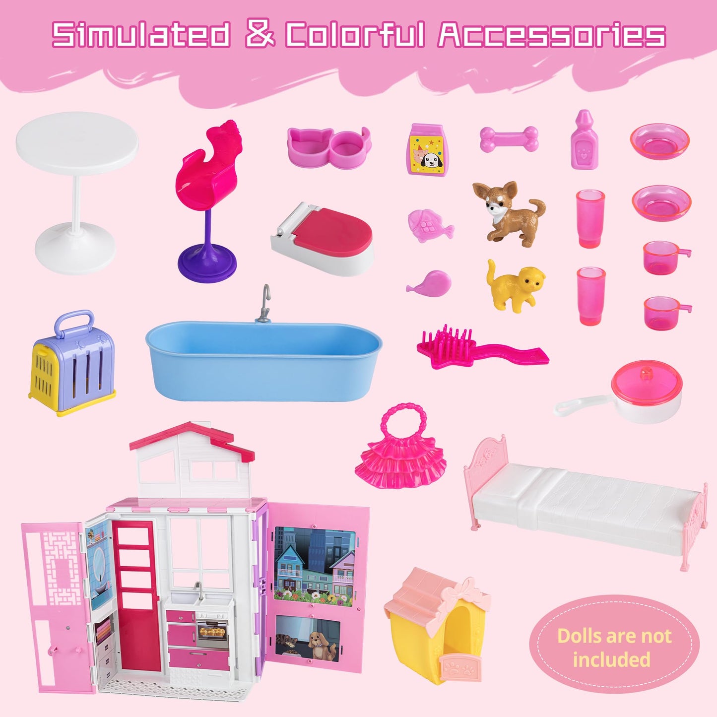 Portable Dollhouse Playset For 11.5 Inch, 2-Story Doll House With 25+ Pcs Dollhouse Furnitures & Accessories, Space Saving Playh