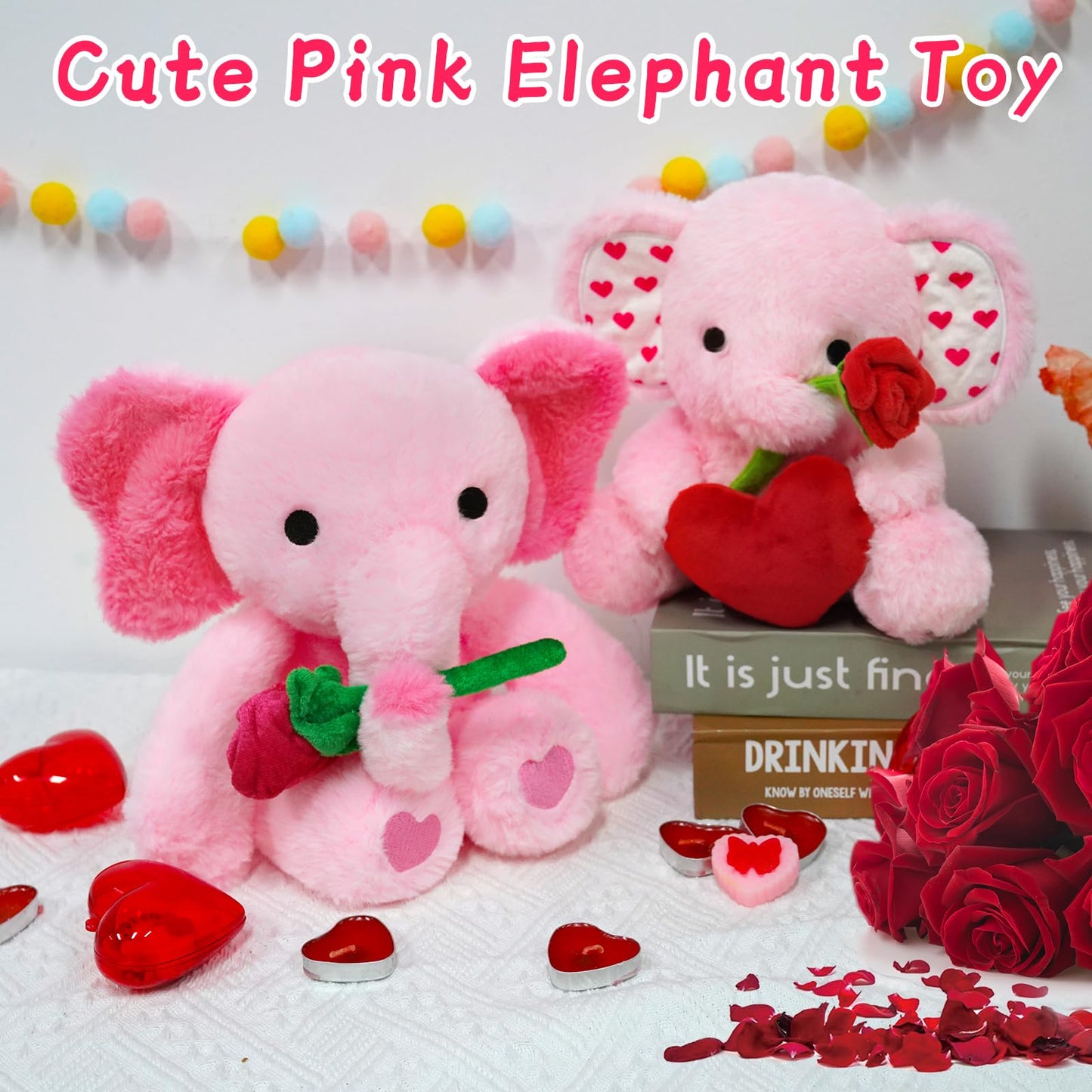 Jizwpoom Valentines Day Plush Toy, Valentines Elephant Stuffed Animals, 14In Valentines Day Plushies Pink Rose Elephant Plush, P