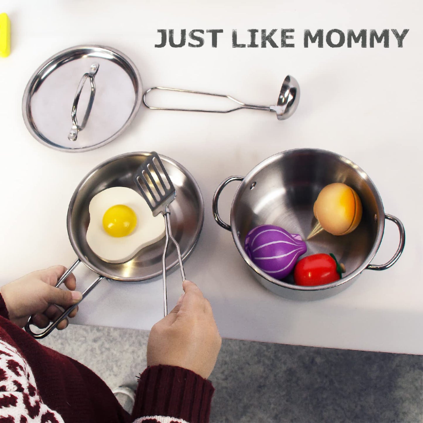 WoodenEdu Kids Play Kitchen Toys, Stainless Steel Kitchen Utensils, Pretend Play Kitchen Accessories, Montessori Learning Toy fo