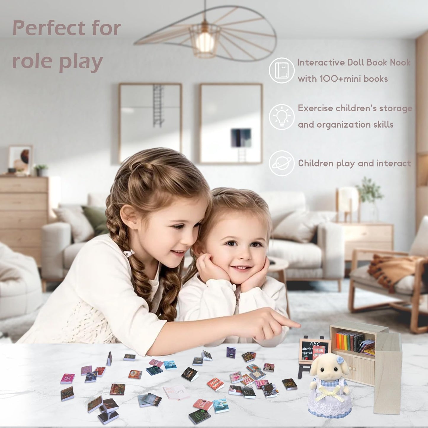 1:12 Scale Dollhouse Bookshelf Set - 2 Mini Wooden Bookshelves, 100+ Blank Mini Books & Art Studio Accessories For Creative Educ