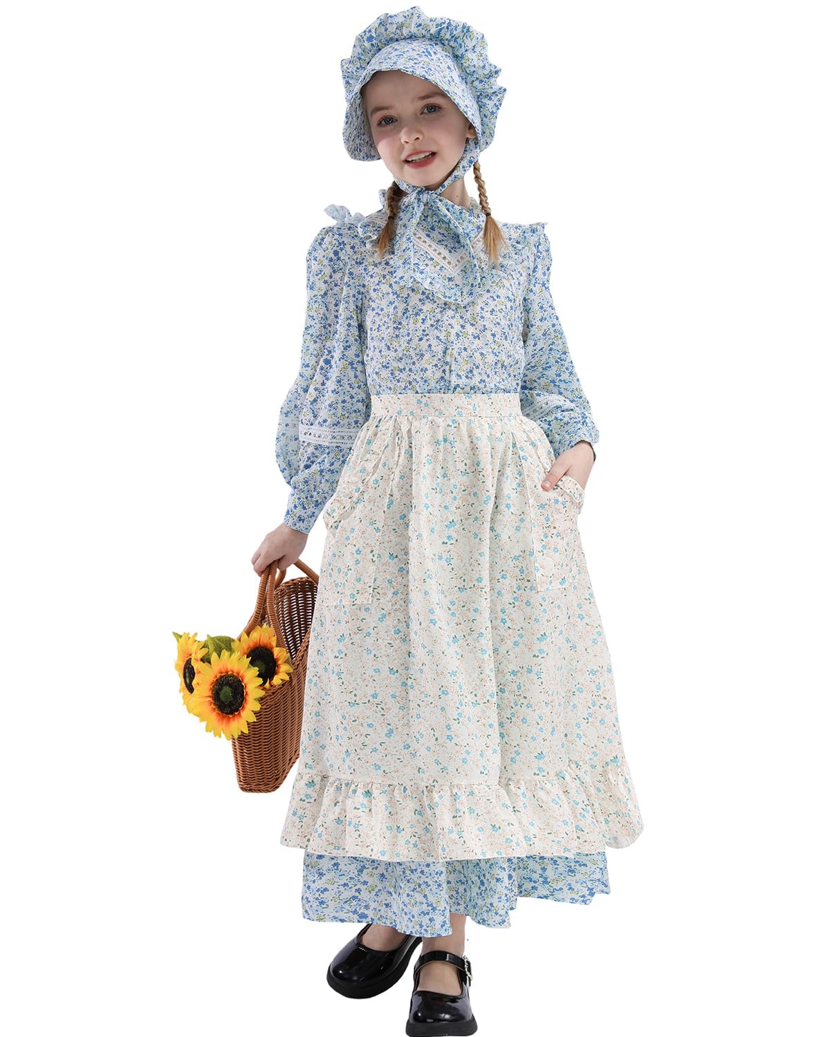 Fccam Prairie Colonial Dress Girls Long Sleeve Pioneer Dress Costume Floral Pioneer Girl Laura Ingalls Wilder Blue Xl