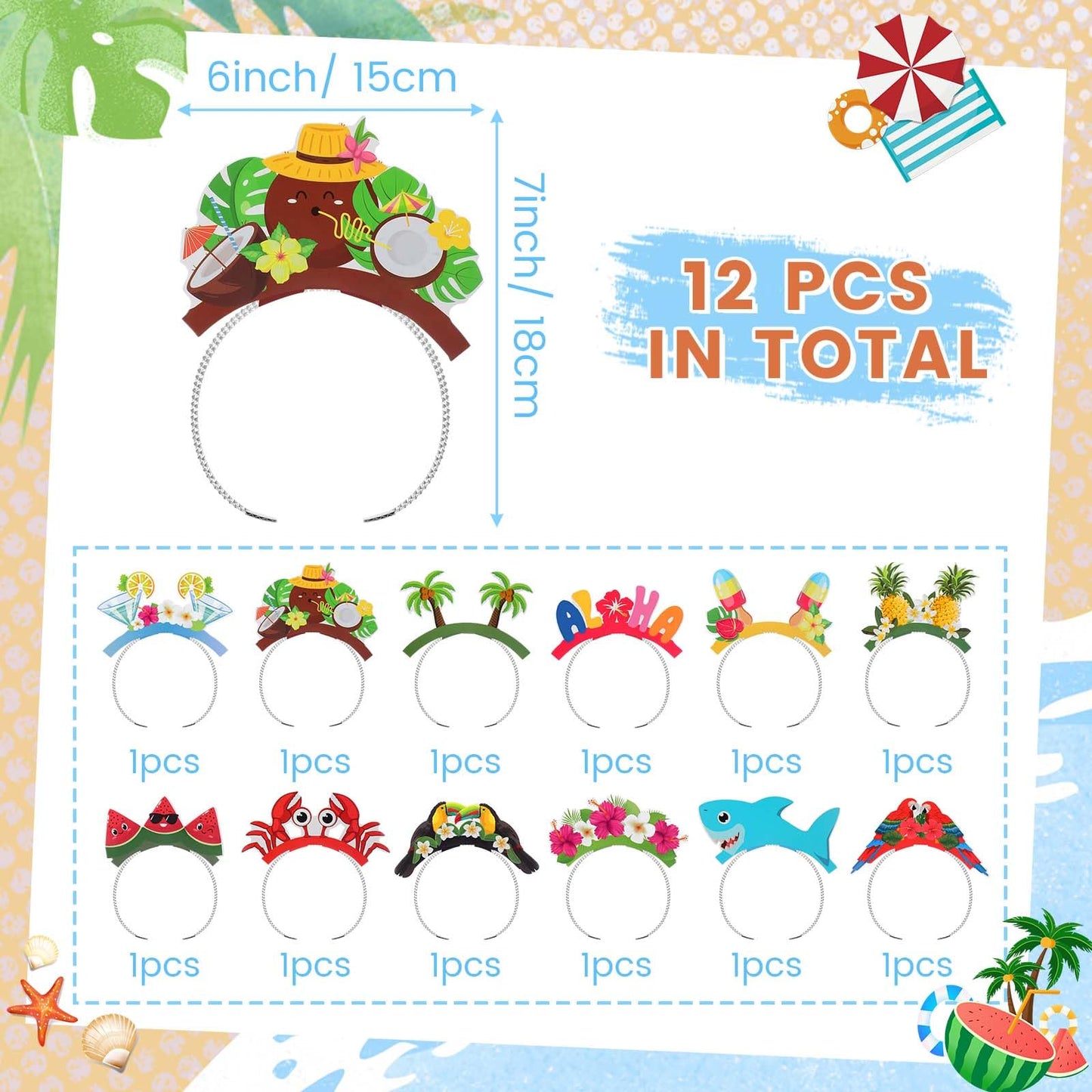 Foilswirl 12 Pcs Hawaiian Party Headbands Paper Luau Tropical Headwear Hawaiian Party Favors Fun Tropical Fancy Dress Props Beac