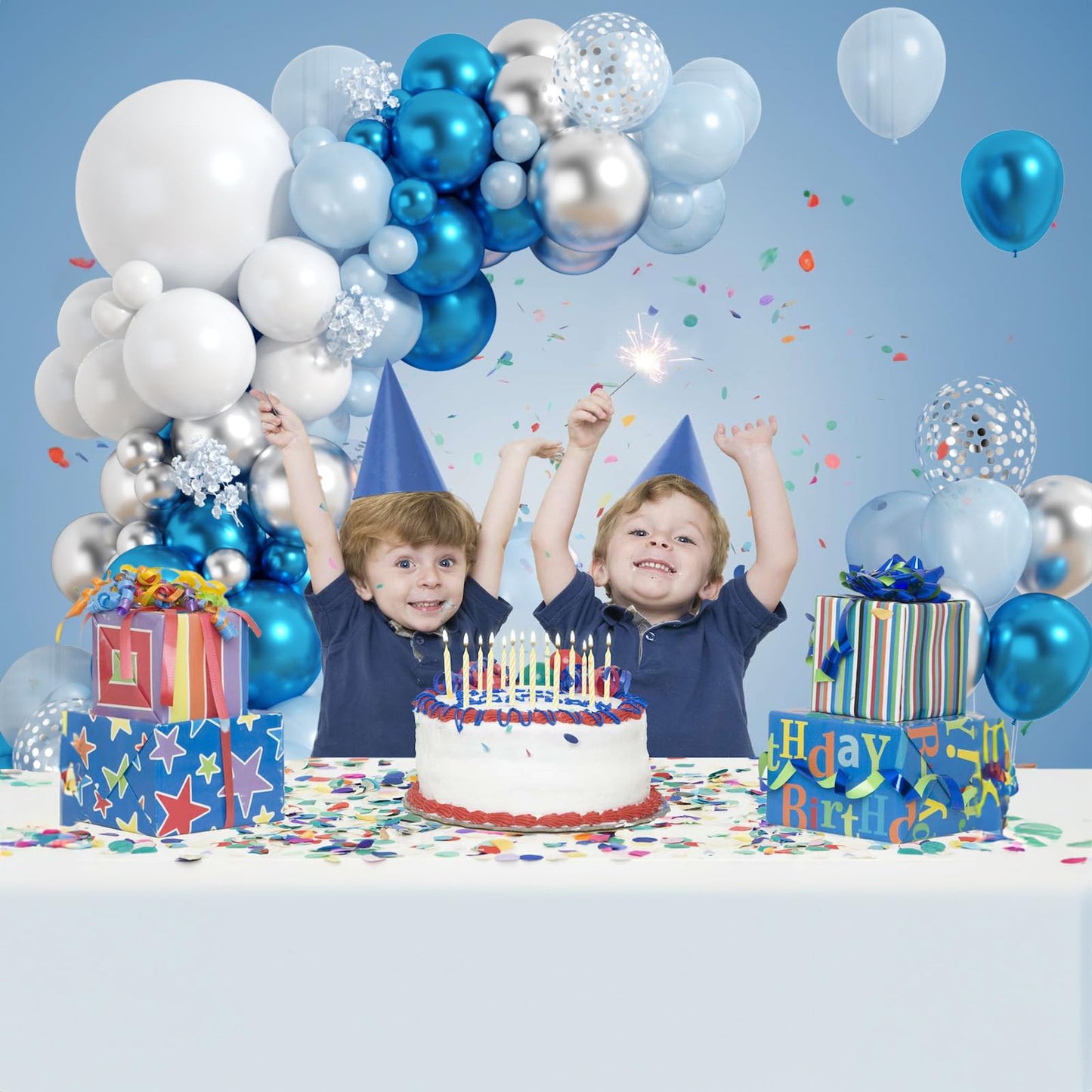 Metallic Blue Silver Balloons Garland Arch Kit, 117Pcs 18/12/10/5 Inch Chrome Blue Light Blue White Sliver Confetti Balloons For