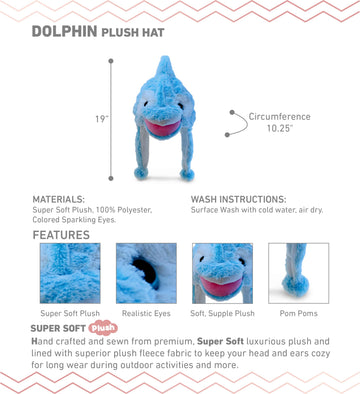 Dollibu Stuffed Dolphin Plush Animal Hat - Cute Kids Hat With Ear Flaps, Novelty Beanie Winter Hat, Winter Animal Hats For Kids