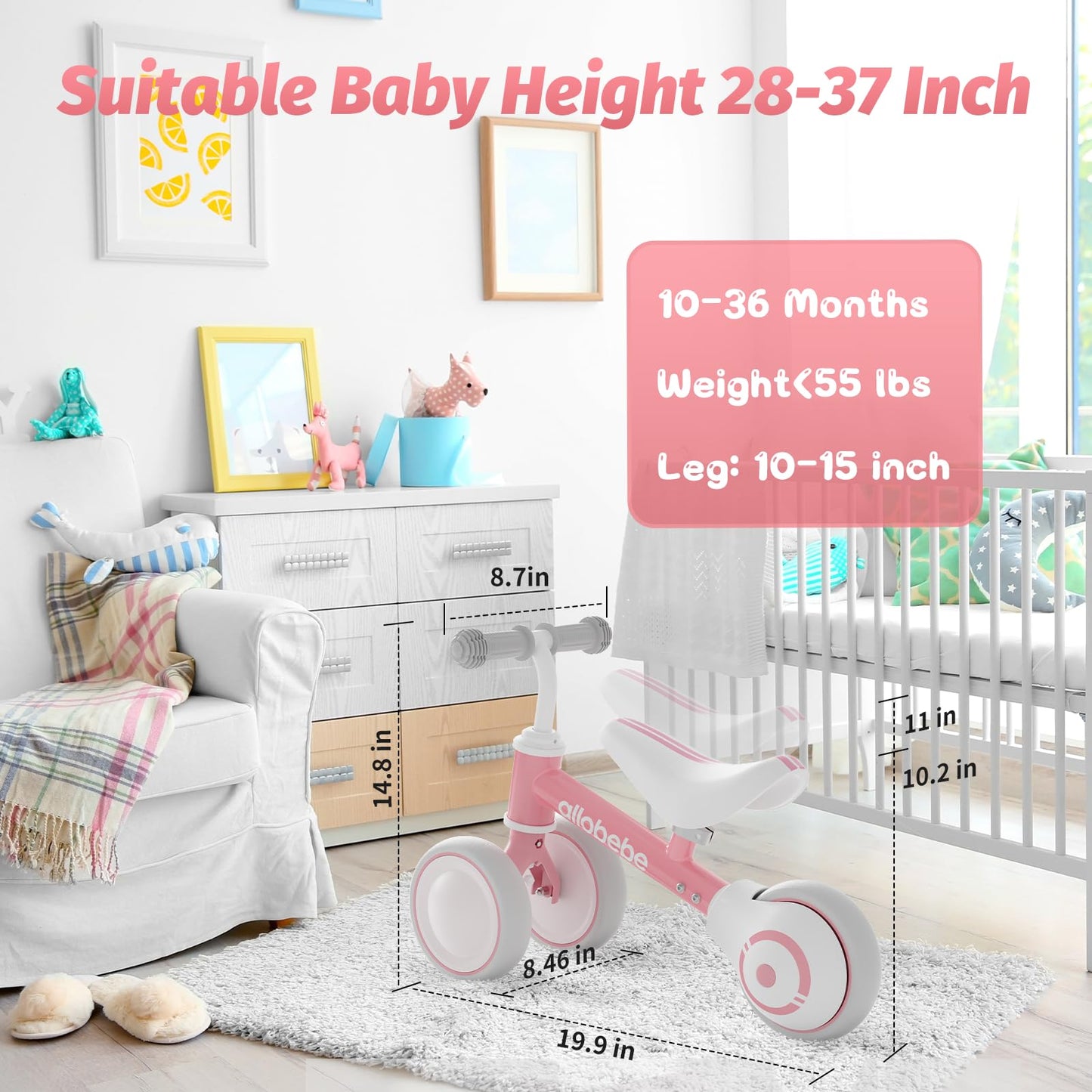 Allobebe Baby Balance Bike, Cute Toddler Bikes 12-36 Months Gifts For 1 Year Old Girl Bike To Train Baby From Standing To Walking With Adjustable Seat Silent & Soft 3 Wheels, Pink