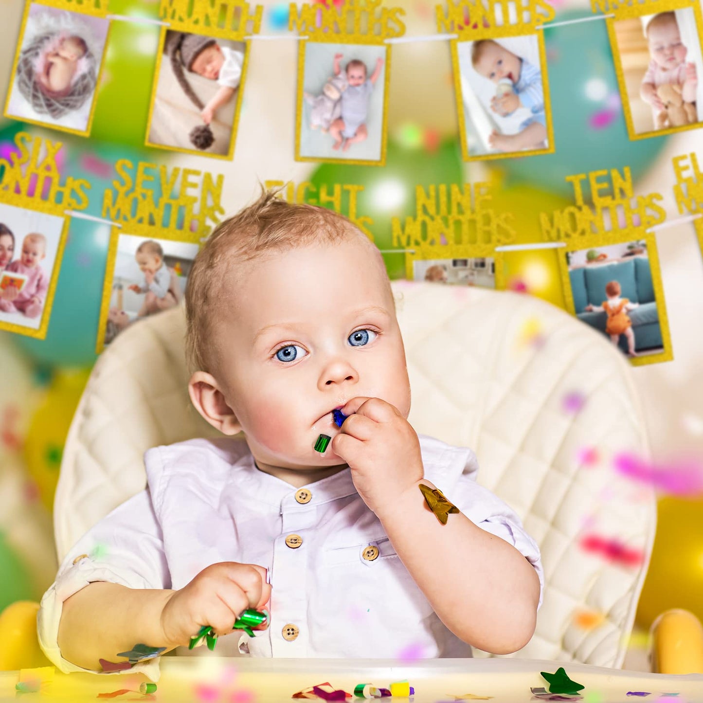Whaline 1St Birthday Baby Photo Banner For Newborn To 12 Months, Monthly Milestone Photograph Bunting Garland, First Birthday Celebration Decoration (Gold)