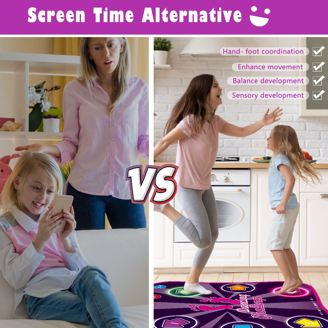 Kids Dance Mat For Girls - Toys For 4 5 6 7 8-10 Year Old Girl Birthday Gifts - Girl Toys For Ages 5-7 6-8 8-12 - Electronic Dance Pad With Light Up 6 Button - Wireless Bluetooth - 5 Game Modes