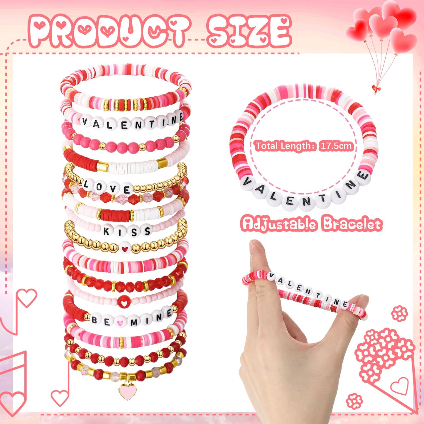 Sasylvia 48 Pcs Valentine's Day Bracelets Pink Heishi Polymer Clay Beaded Bracelets Preppy Beach Stretch Bracelet Elastic String