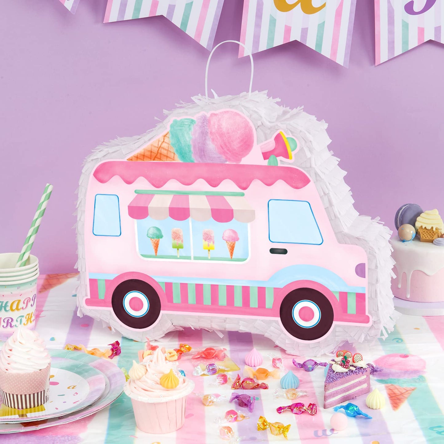 Wernnsai Ice Cream Piñata -15.7'' X 12.2'' Ice Cream Truck Piñata With Stick And Blindfold Birthday Game For Kids Girls Summer Candy Theme Party Baby Shower School Activities Dessert Party Decorations