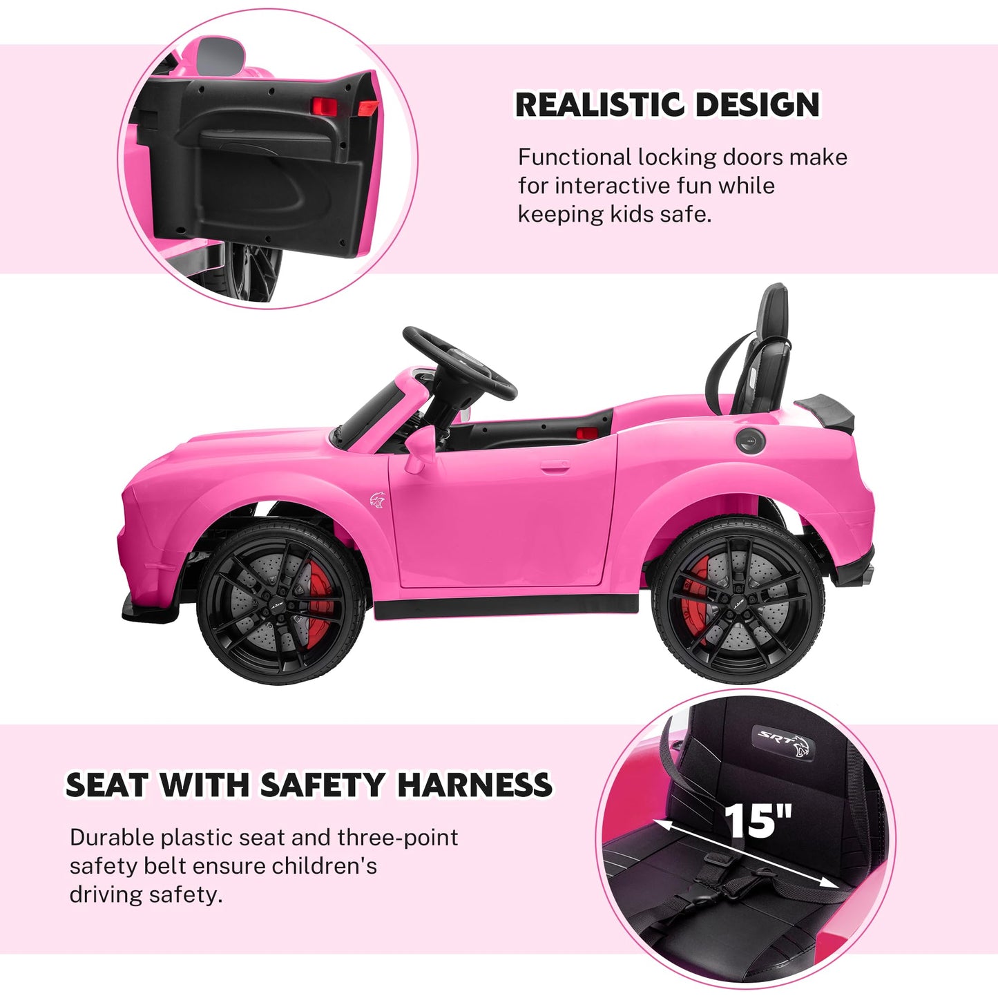 Enyopro Kids Electric Car, Licensed Dodge Challenger Ride On Car, 12V7Ah Battery Powered Electric Vehicle Kids Ride On Toys With Remote Control, 3 Speeds, Led Headlights, Bluetooth, Music (Pink)