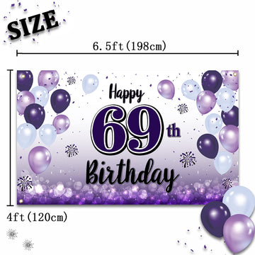 LASKYER Happy 69th Birthday Decorations,69th Purple Balloon Large Birthday Banner Backdrop Sign,69 Years Old Bday Party Supplies