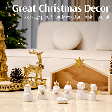 Wds Wondrous Christmas Nativity Set-8Pcs White And Gold Mini Nativity Figures Modern Holy Family Scene, Resin And Wood Religious