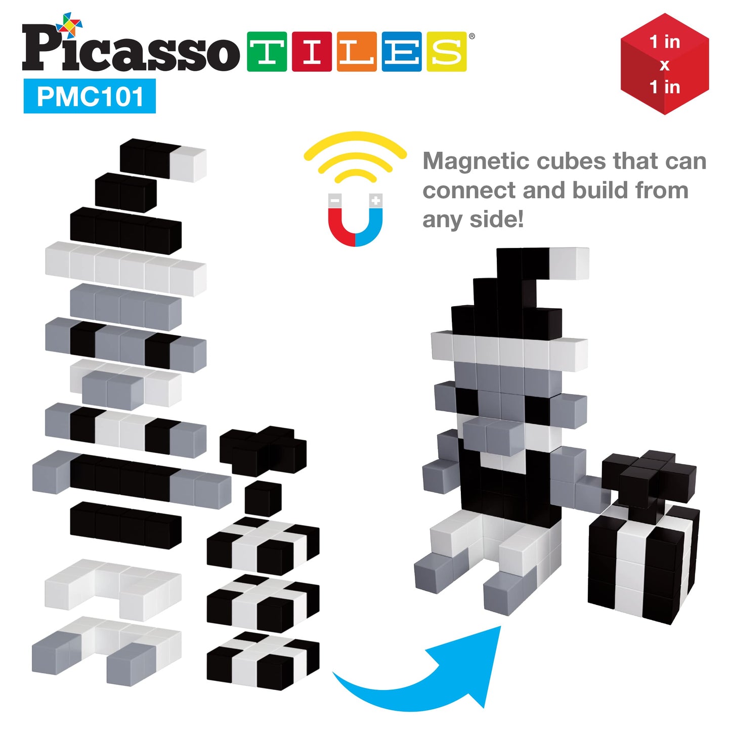 PicassoTiles 1” Magnetic Puzzle Cube Set - 101 pcs Black & White Building Blocks for STEM Learning & Sensory Play, Ages 3+