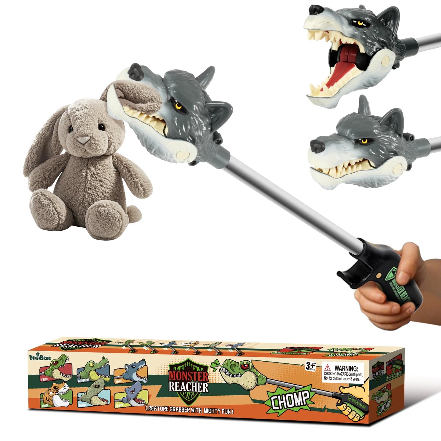DINOBROS 16'' Wolf Grabber Toy - Interactive Pick-Up Tool for Kids | Animal Robot Hand Reacher Toys | Realistic Wolf Chomper for