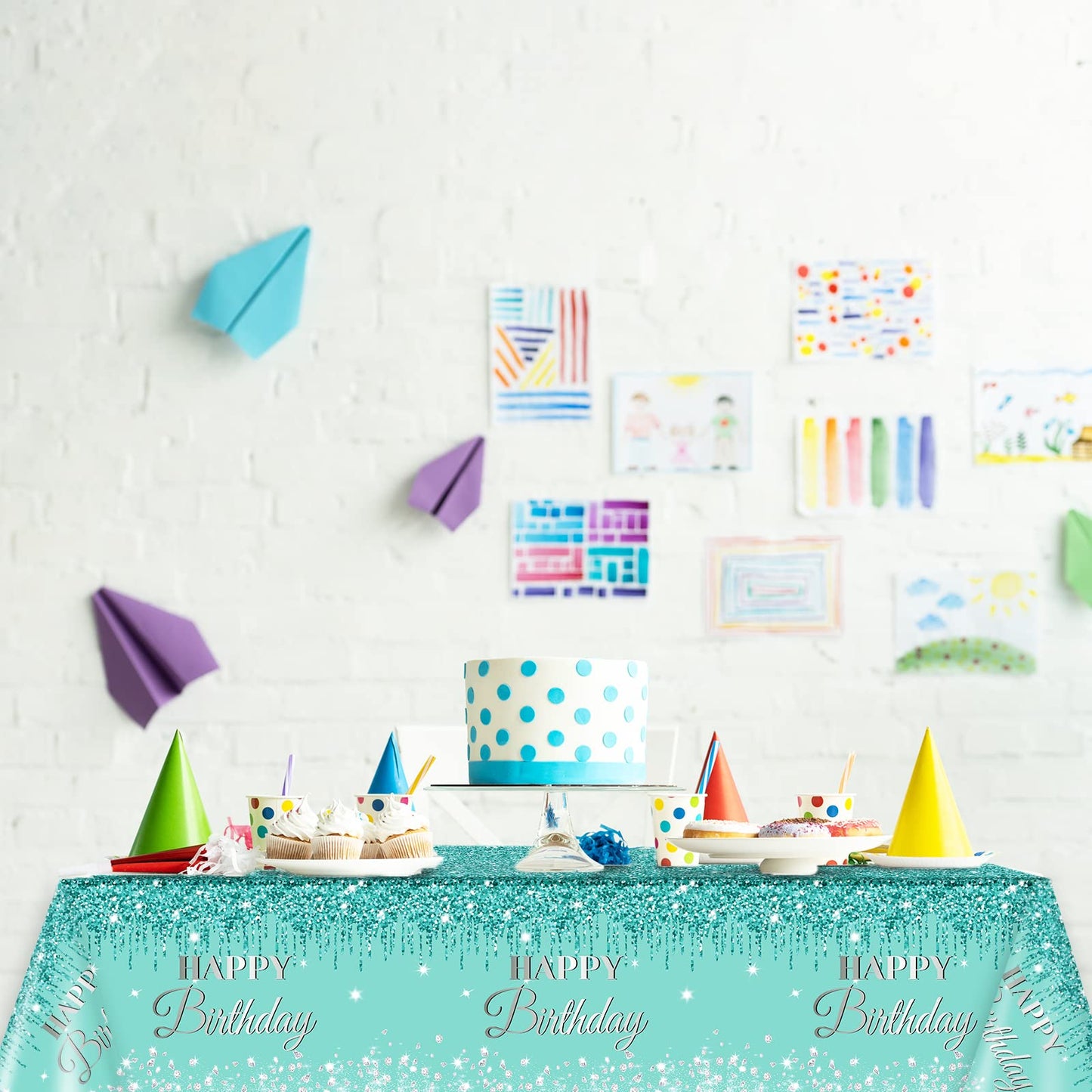 3 Pieces Teal And Silver Birthday Tablecloths For Happy Birthday Party Decorations Plastic Disposable Breakfast Blue Theme Table Covers For Girls Women Silver Glitterparty Supplies, 54 X 108 Inches