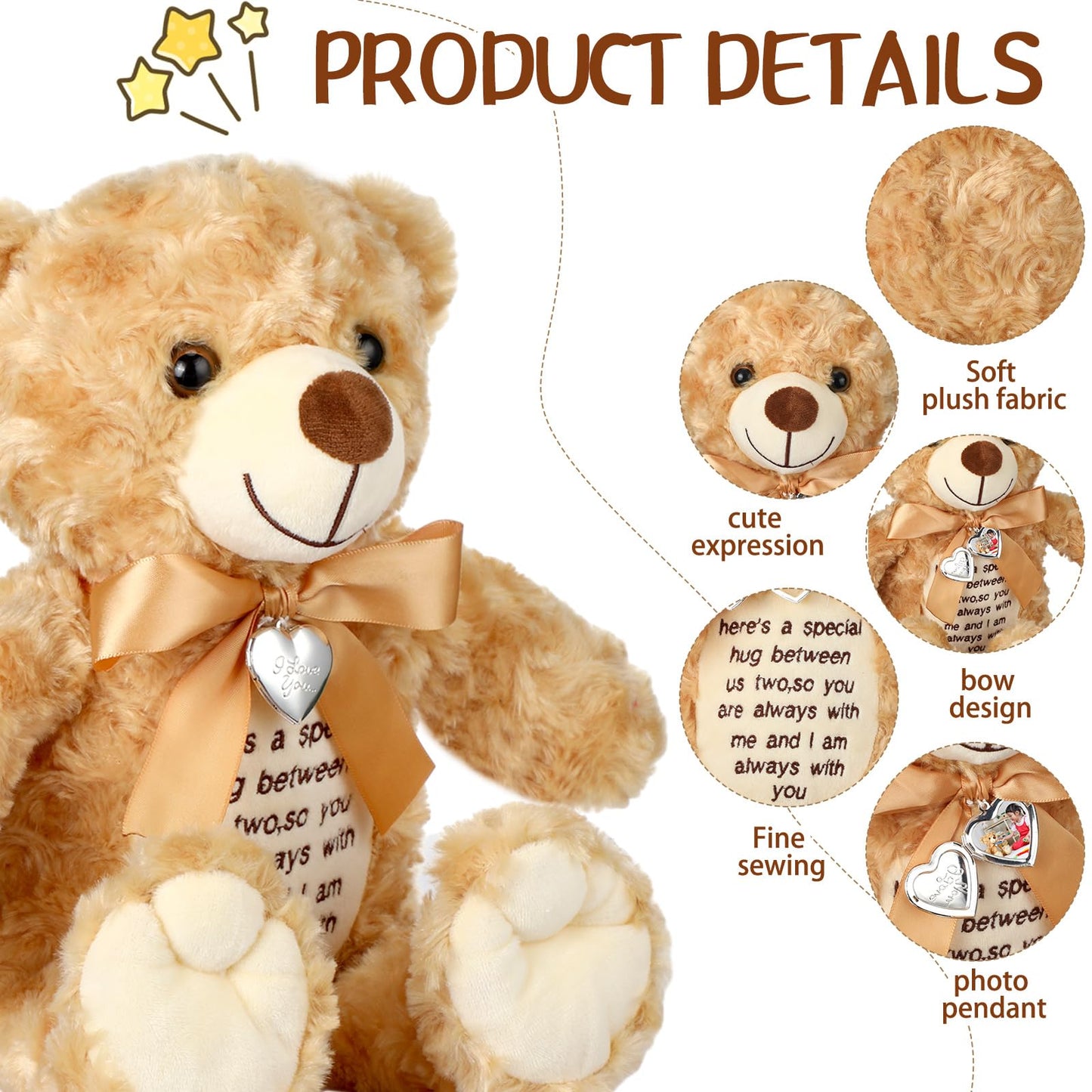 Silipull 12 Inch Bear Stuffed Animals With Voice Recorder Photo Pendant Set Cute Soft Plush Bear Messages Playback Stuffed Anima