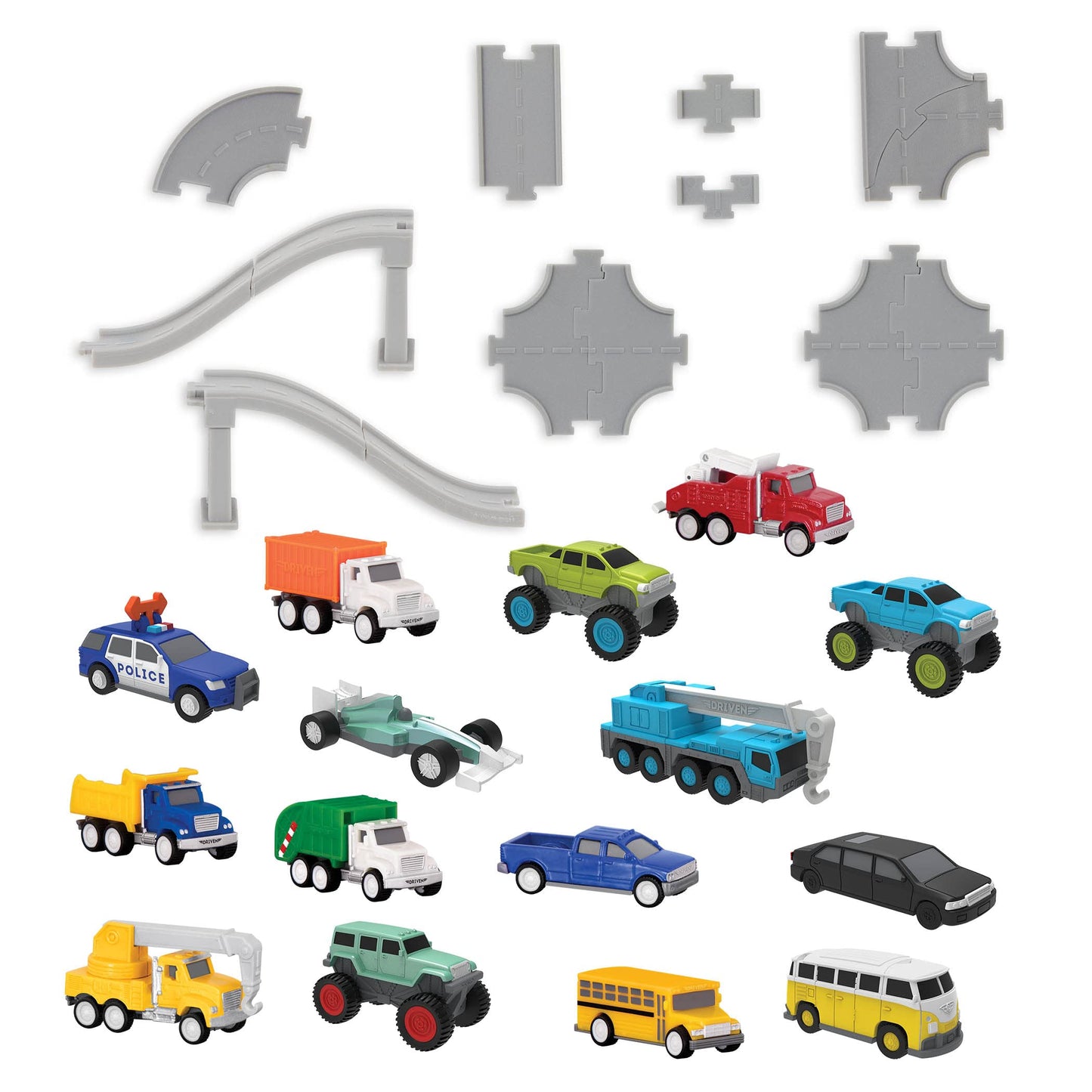 Driven By Battat – 61 Pcs Toy Car Pocket Playset 1:144 Scale – 15 Mini Cars Included & Accessories Car Track, Ramp & More – Gift Toy Car For Boys & Girls & Toddlers Age 3+
