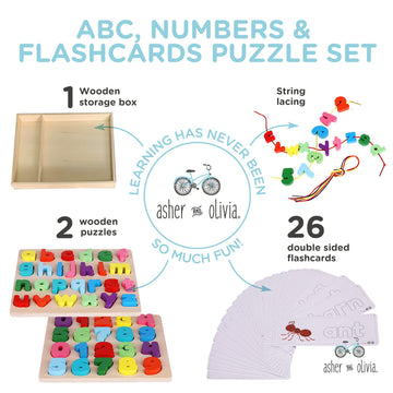 Wooden Alphabet Puzzle & Number Puzzle And Flash Cards Set - Includes Box, Lacing Beads And Threads