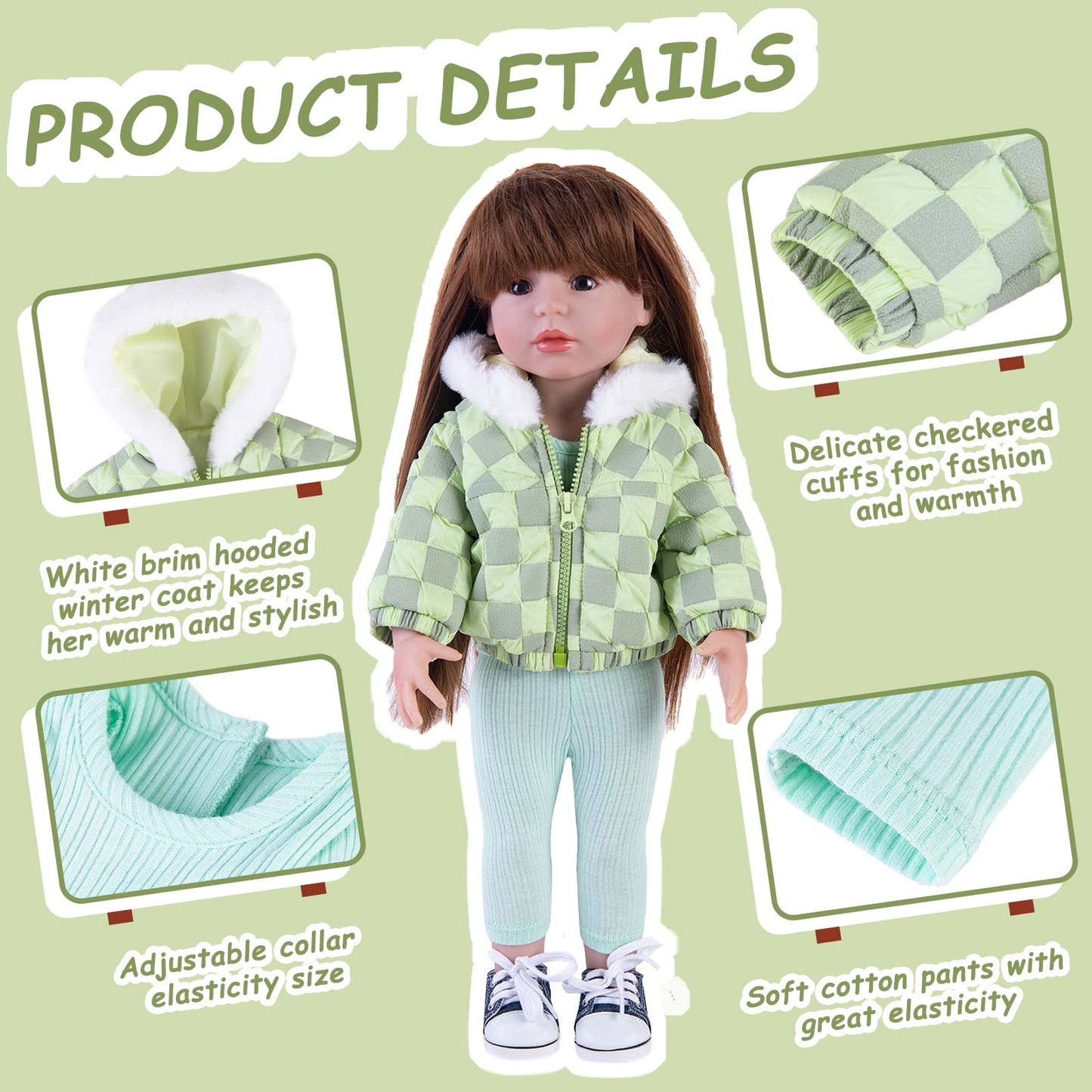 Rakki Dolli Doll Clothes 3 Pc. Set Light Green Grey Plaid Hooded Thick Coat Checkerboard Jacket With Long Sleeve, Warm Doll Outfit Hoodie Snowsuit Fits For 18' Dolls (Doll & Shoes Not Included) 013