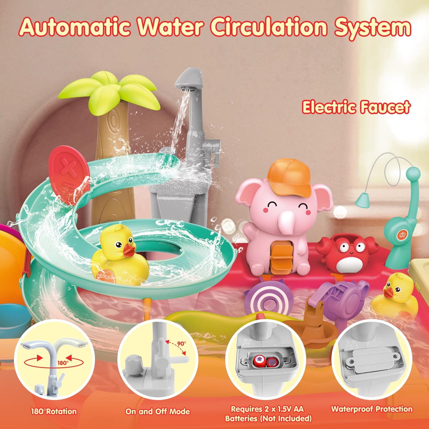 VATOS Electric Faucet Manual Pump 2 in 1 Play Sink with Running Water, Duck Slide Water Table Kitchen Sink Toy, Floating Pool To