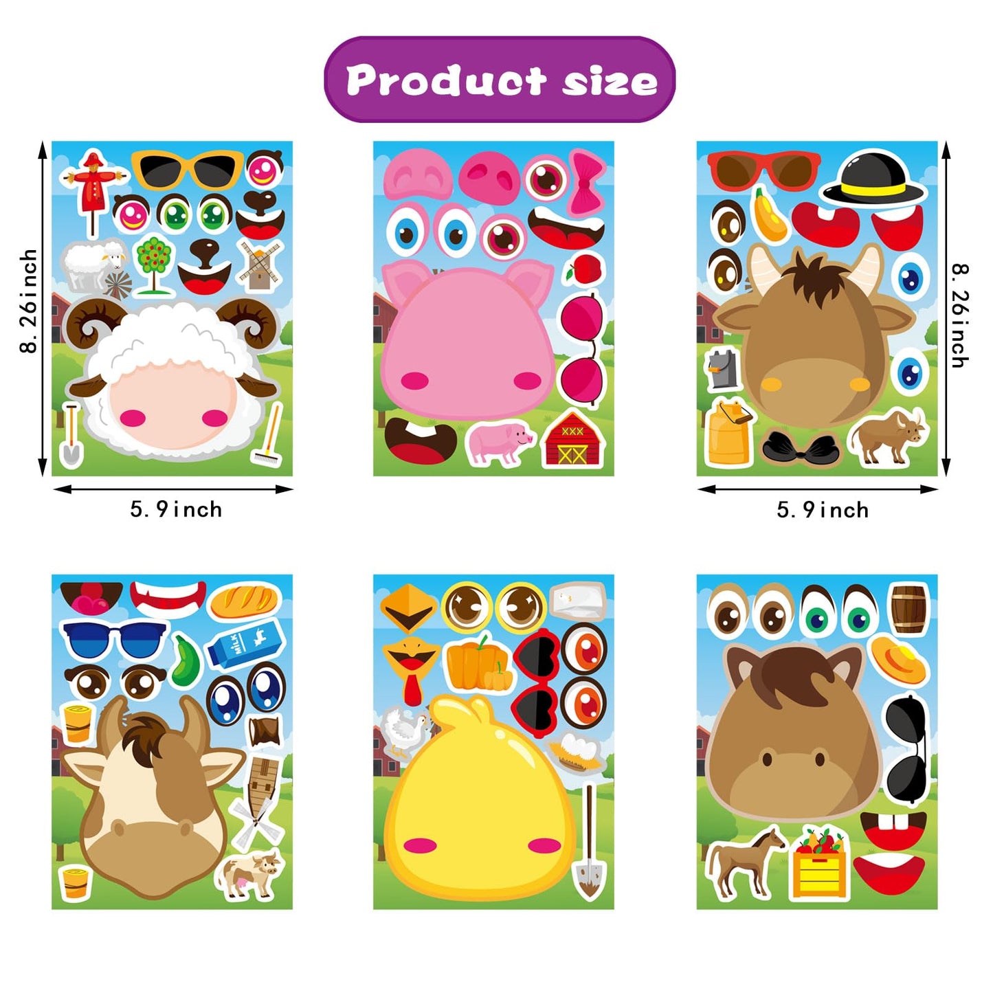 24 Pcs Make-A-Face Sticker Sheets Make Your Own Farm Animal Mix And Match Sticker Sheets With Sheep, Pigs, Cow And Chickens Kids