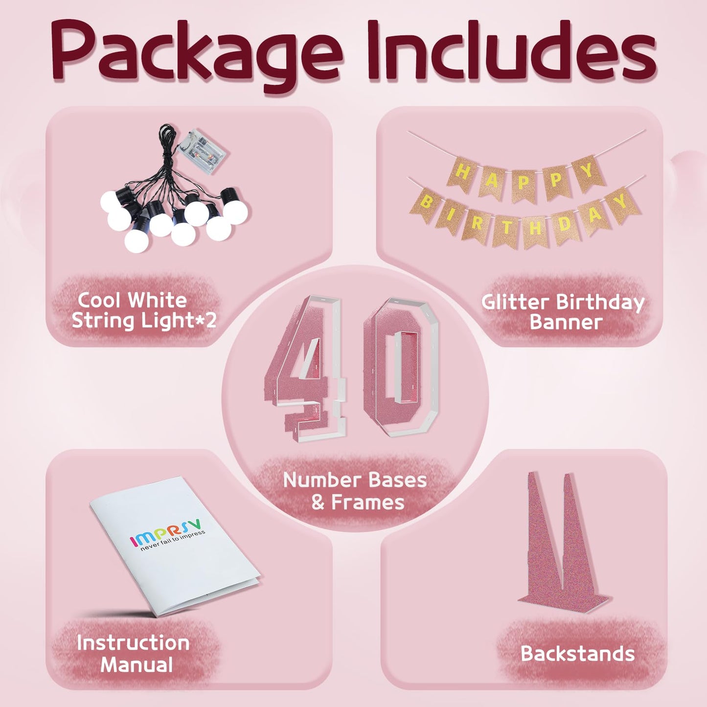 Imprsv Marquee Numbers Pink 40Th-Birthday Decorations: Large 3Ft Light Up Number Rose Gold 40 Birthday Decoration For Women Men