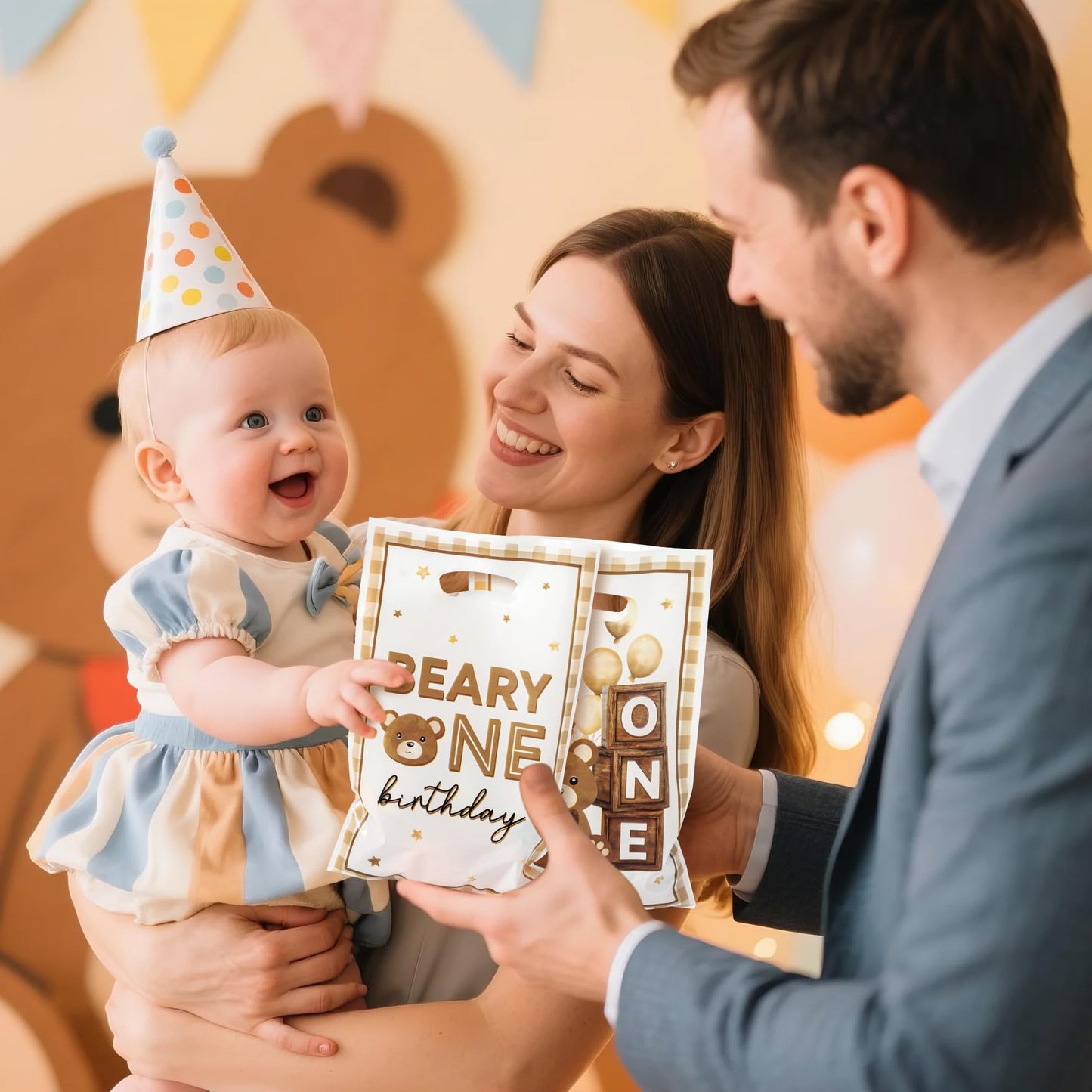 ArianQicult Beary One Party Favor Bag 50Pcs Beary First Sweet Goody Candy Treat Gift Bags, Brown Bear My 1st Birthday Theme Part